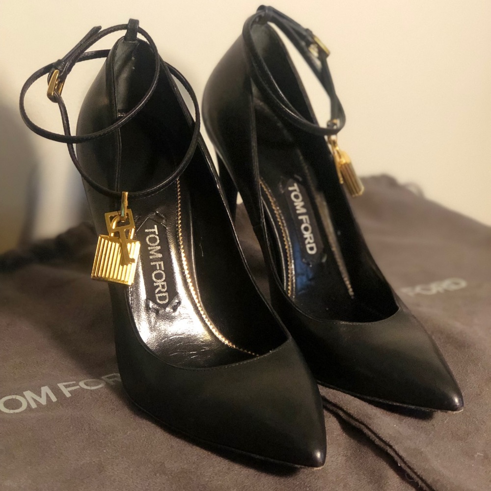 Tom Ford Black Leather Heels with Gold Lock Charm